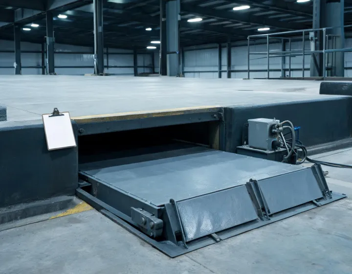 Hydraulic dock leveler pit and power unit prepared for a duty check