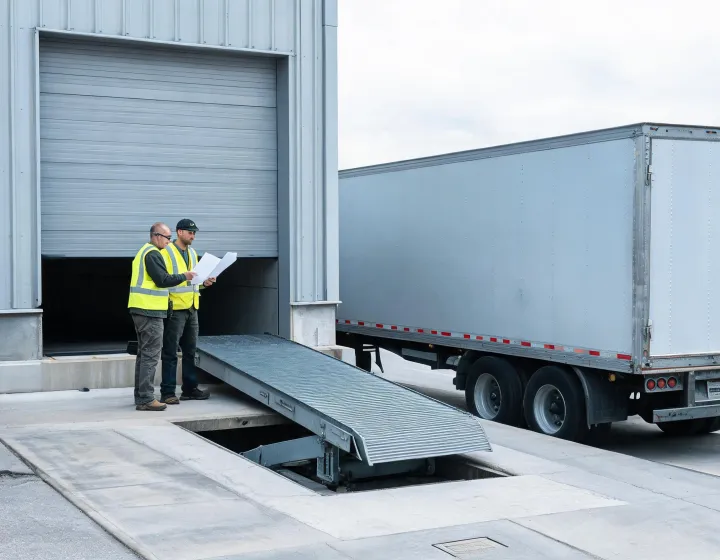 Hydraulic dock leveler bridging a US warehouse dock to a trailer bed
